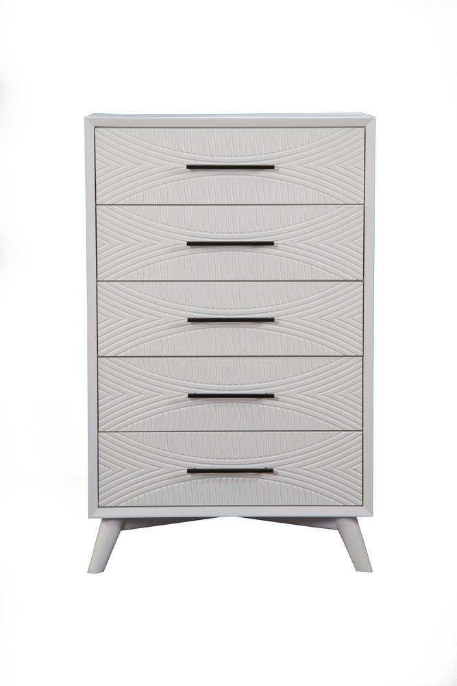 34" White Carved Geometric Solid Wood Five Drawer Dresser
