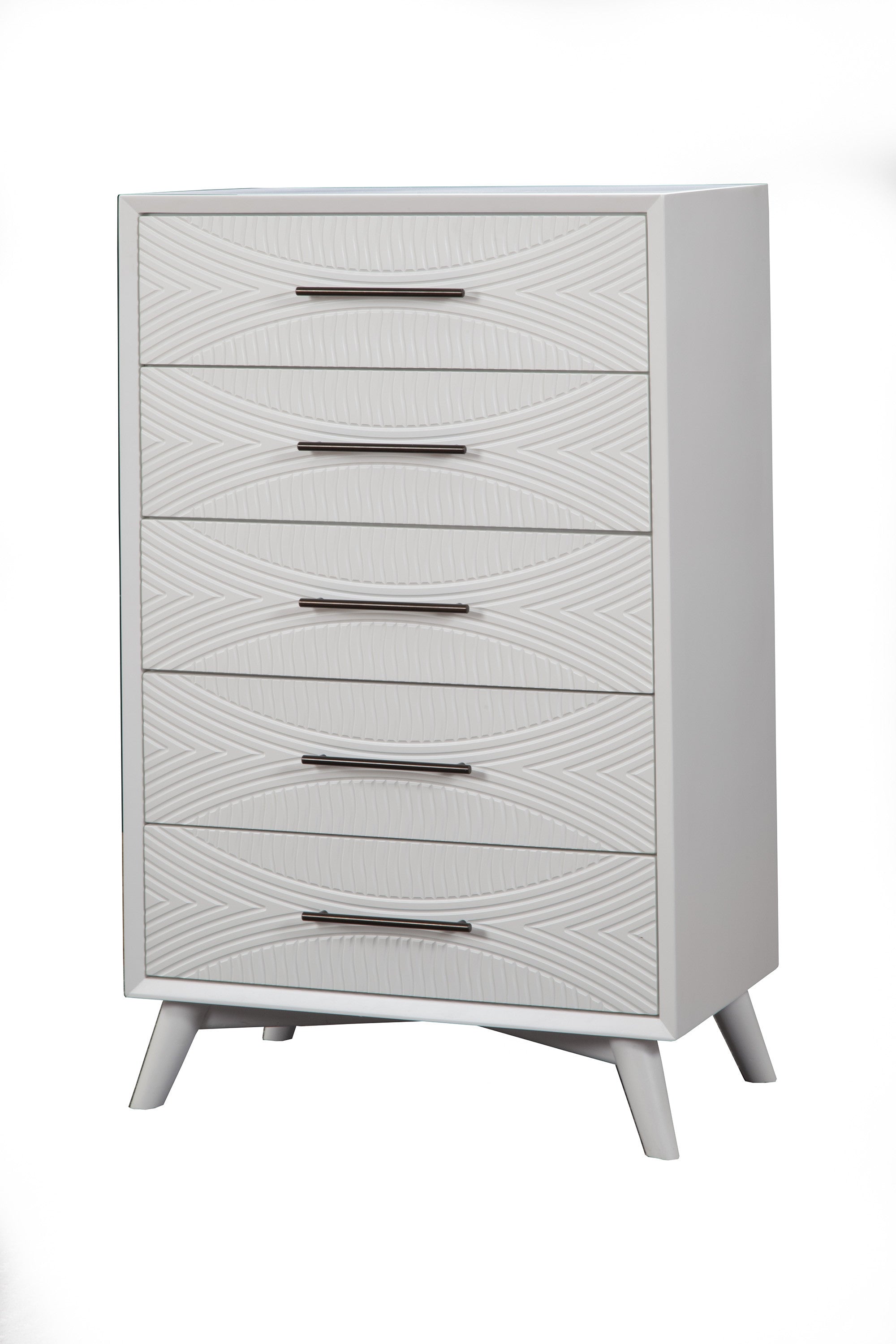 34" White Carved Geometric Solid Wood Five Drawer Dresser