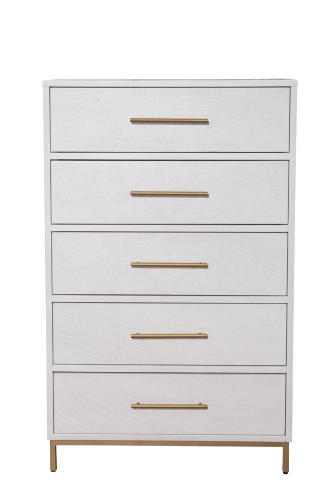30" White Solid Wood Five Drawer Dresser