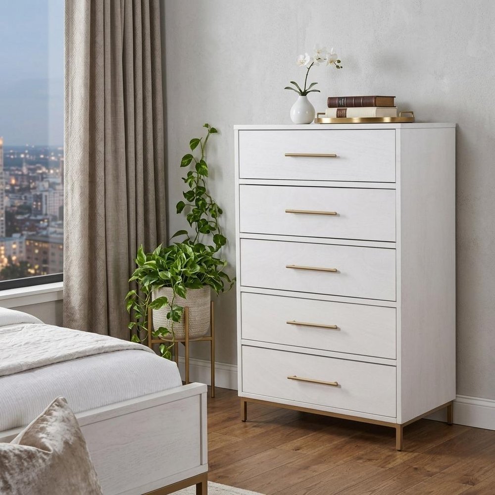 30" White Solid Wood Five Drawer Dresser