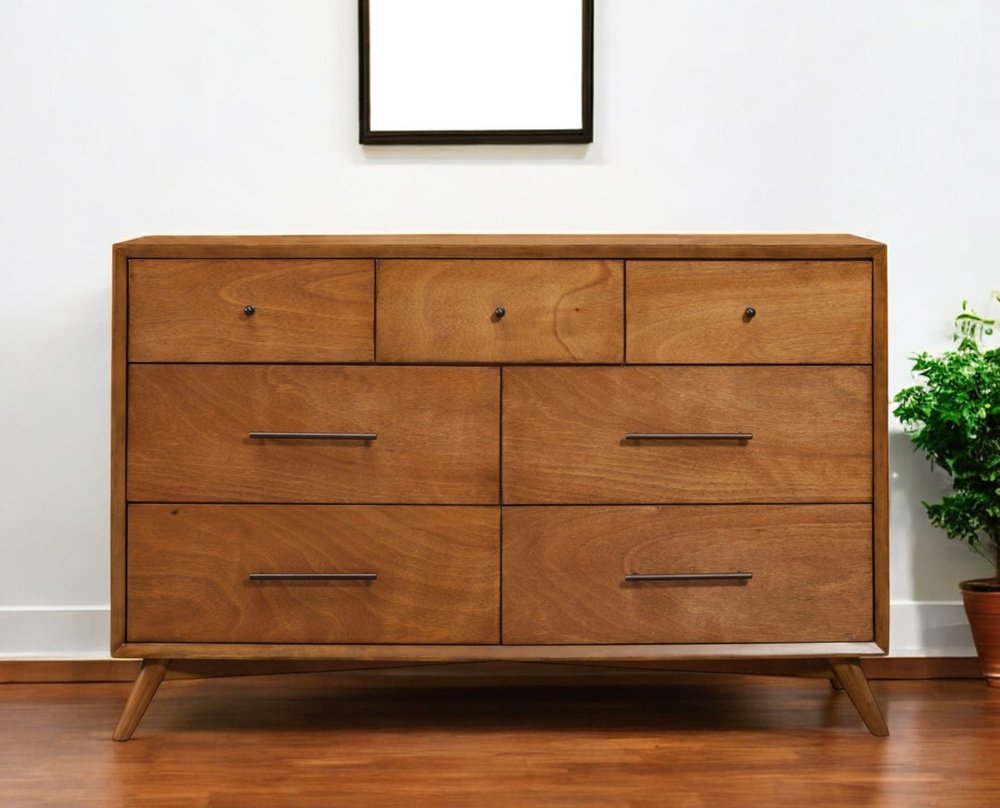 56" Brown Solid Wood Seven Drawer Double Dresser