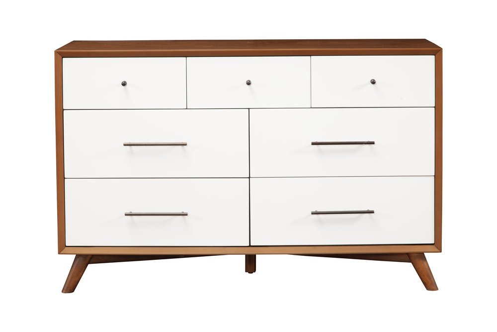 56" Brown And White Solid Wood Seven Drawer Double Dresser