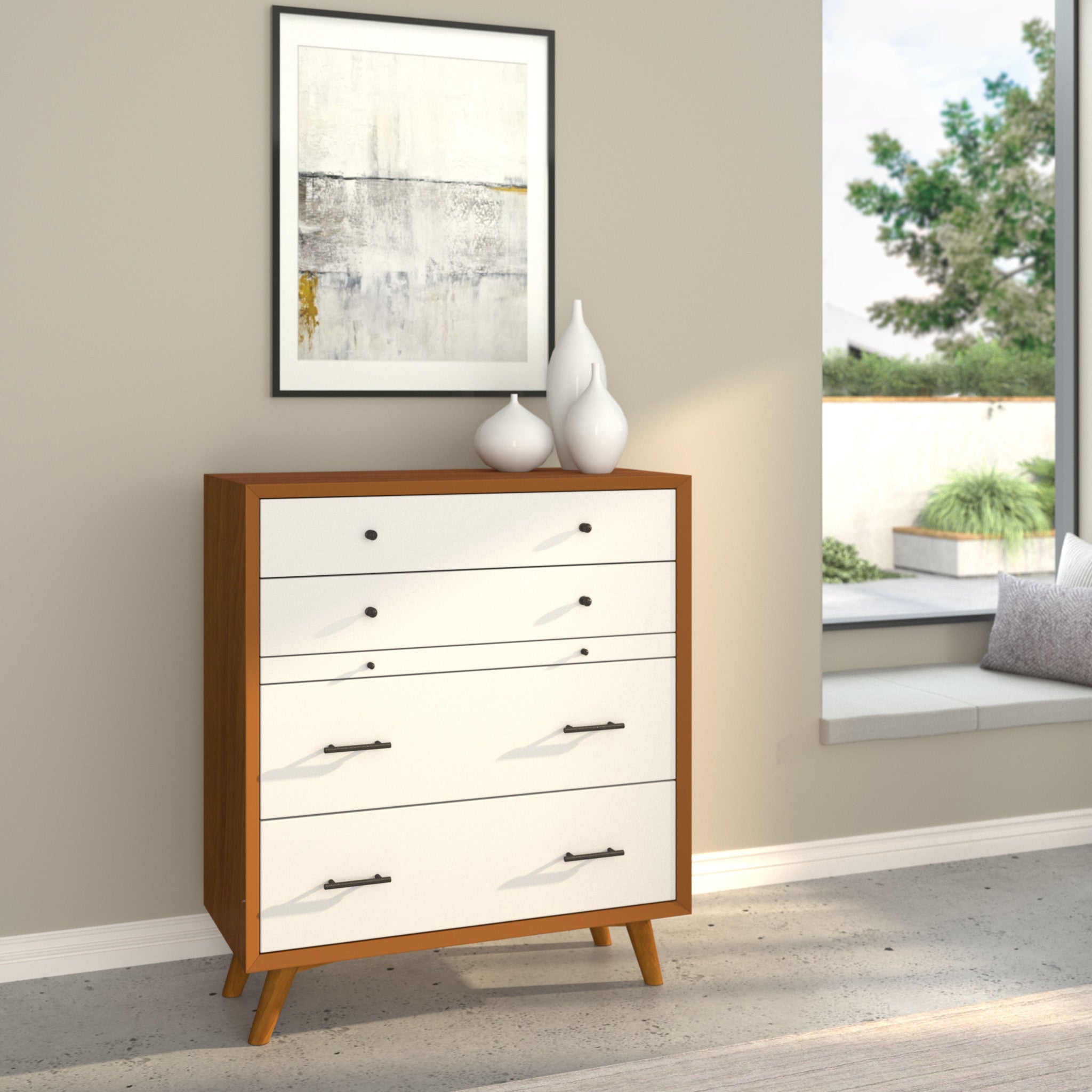 38" Brown and White Solid Wood Four Drawer Chest