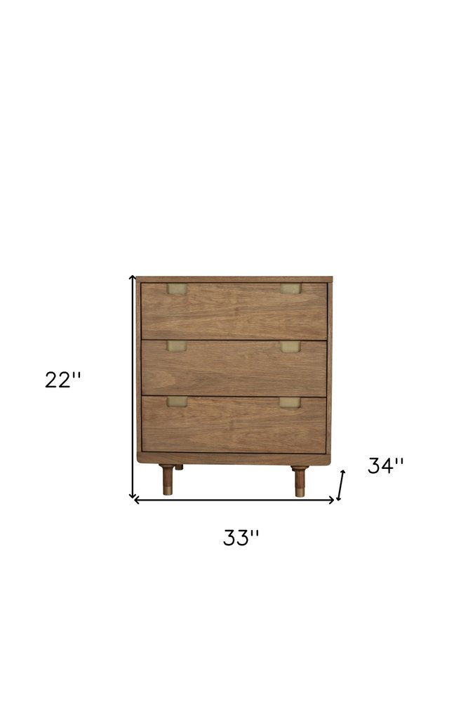 33" Brown Solid Wood Three Drawer Dresser