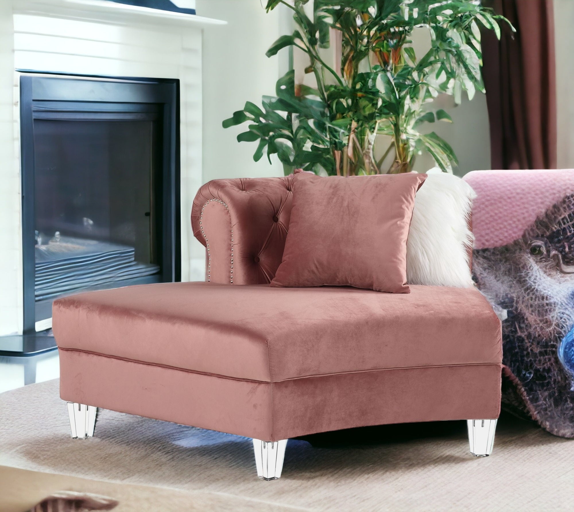 Pink Velvet Curved Four Piece Corner Sectional