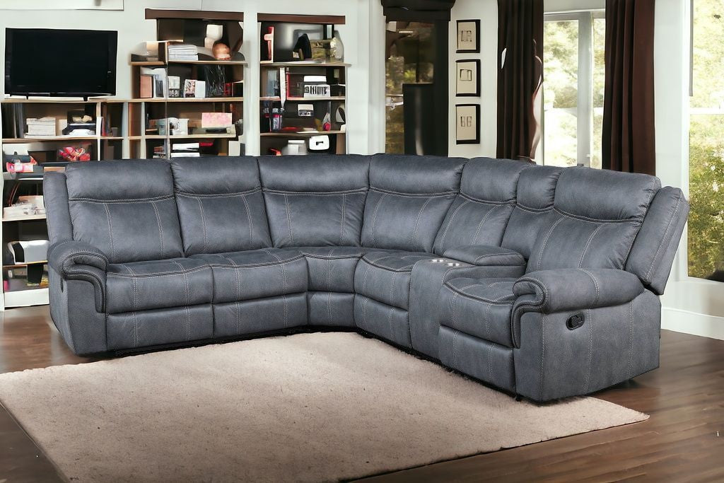 Gray Velvet Reclining L Shaped Six Piece Corner Sectional With Console