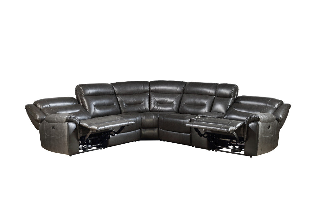 Gray Faux Leather Power Reclining L Shaped Six Piece Corner Sectional With Console