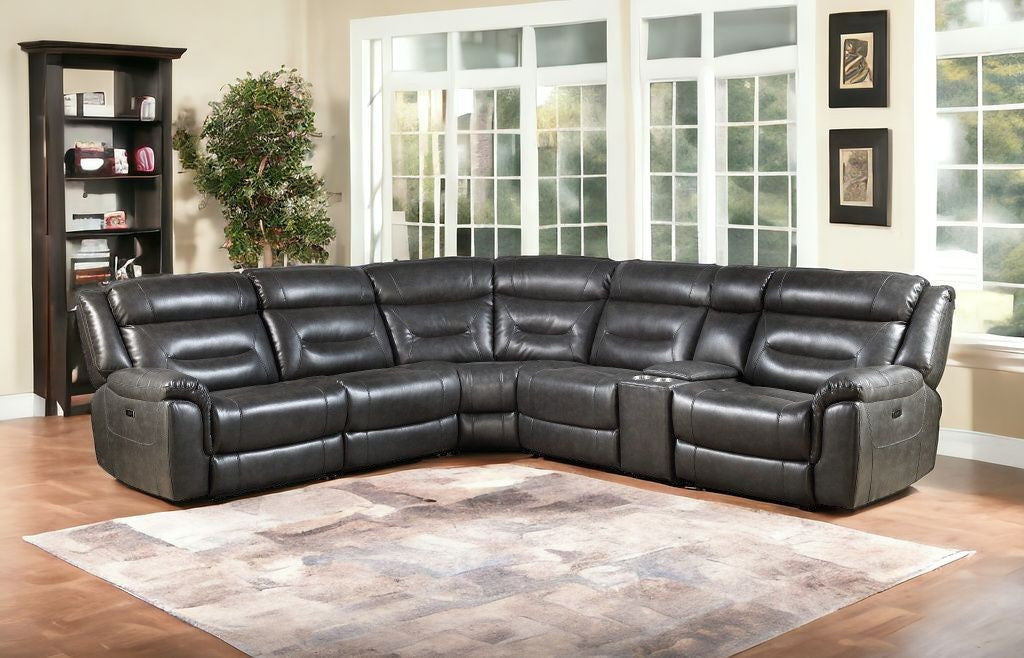 Gray Faux Leather Power Reclining L Shaped Six Piece Corner Sectional With Console