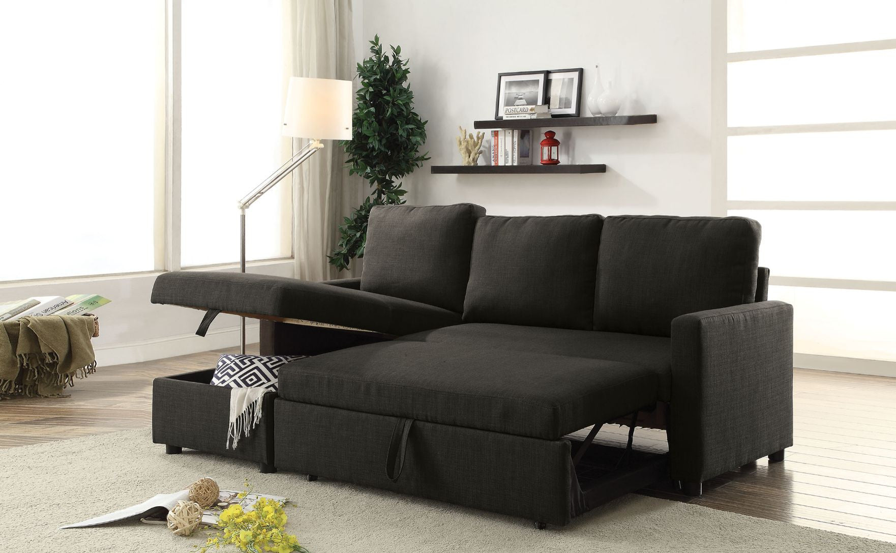Charcoal Linen Sleeper L Shaped Two Piece Sofa and Chaise