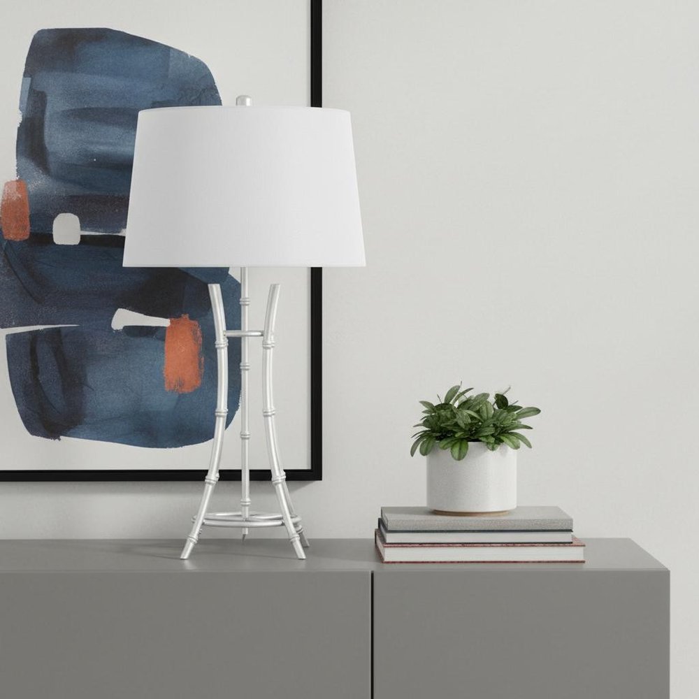 29" Silver Bamboo Design Table Lamp With Off White Drum Shade