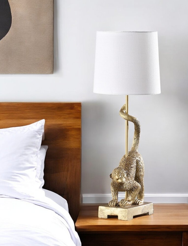24" Gold Monkey Table Lamp With White Drum Shade