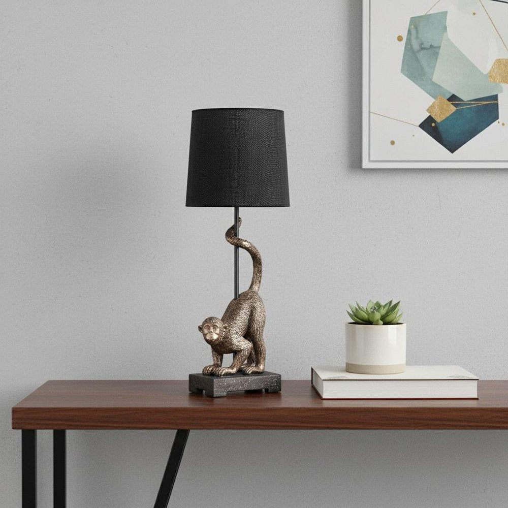 24" Antiqued Gold Monkey Table Lamp With Black Drum Shade