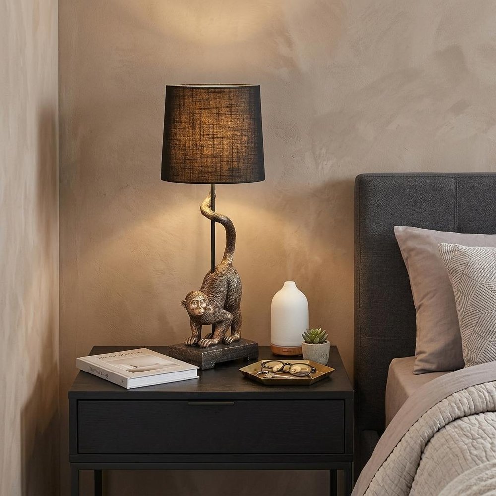 24" Antiqued Gold Monkey Table Lamp With Black Drum Shade