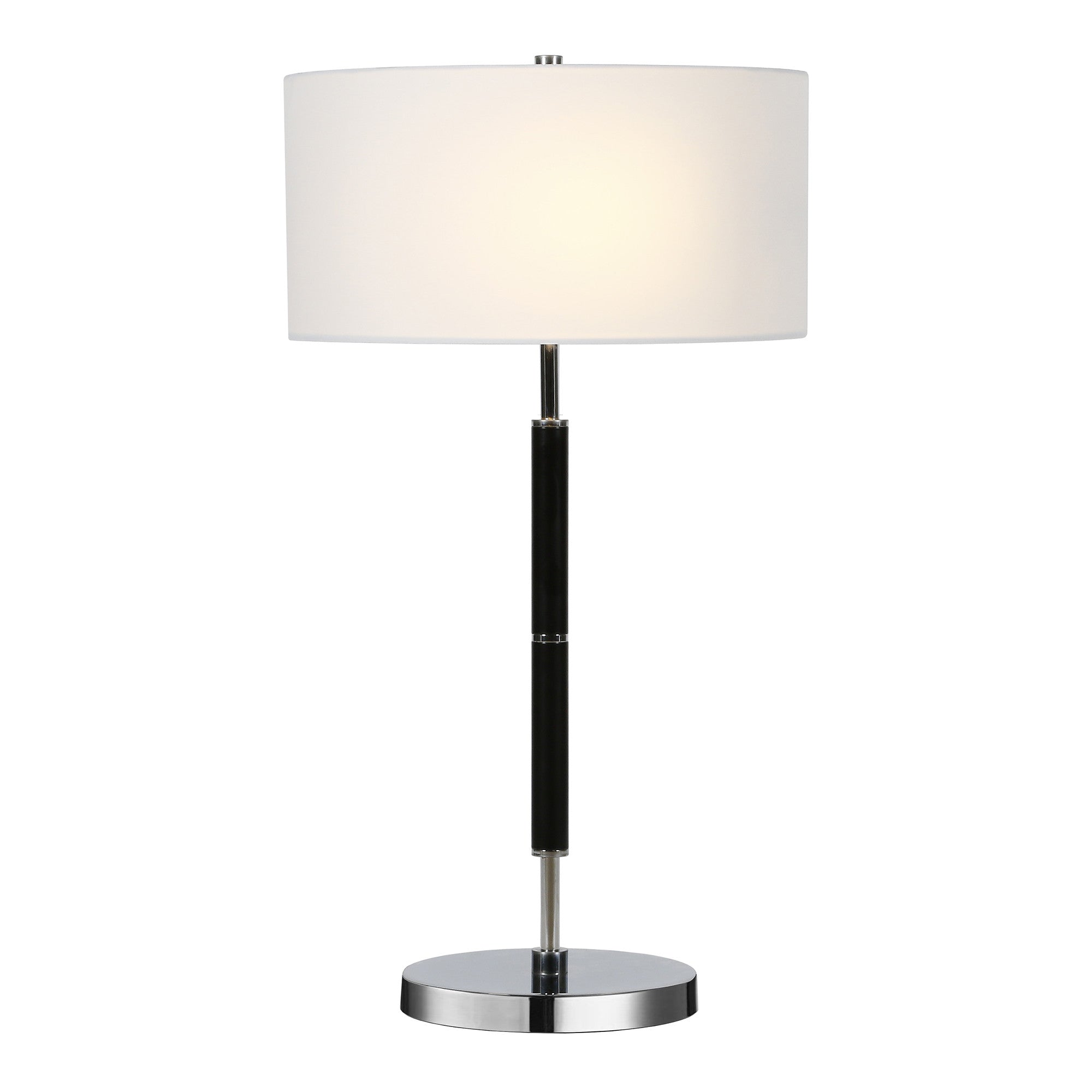 25" Black and Silver Metal Two Light Table Lamp With White Drum Shade