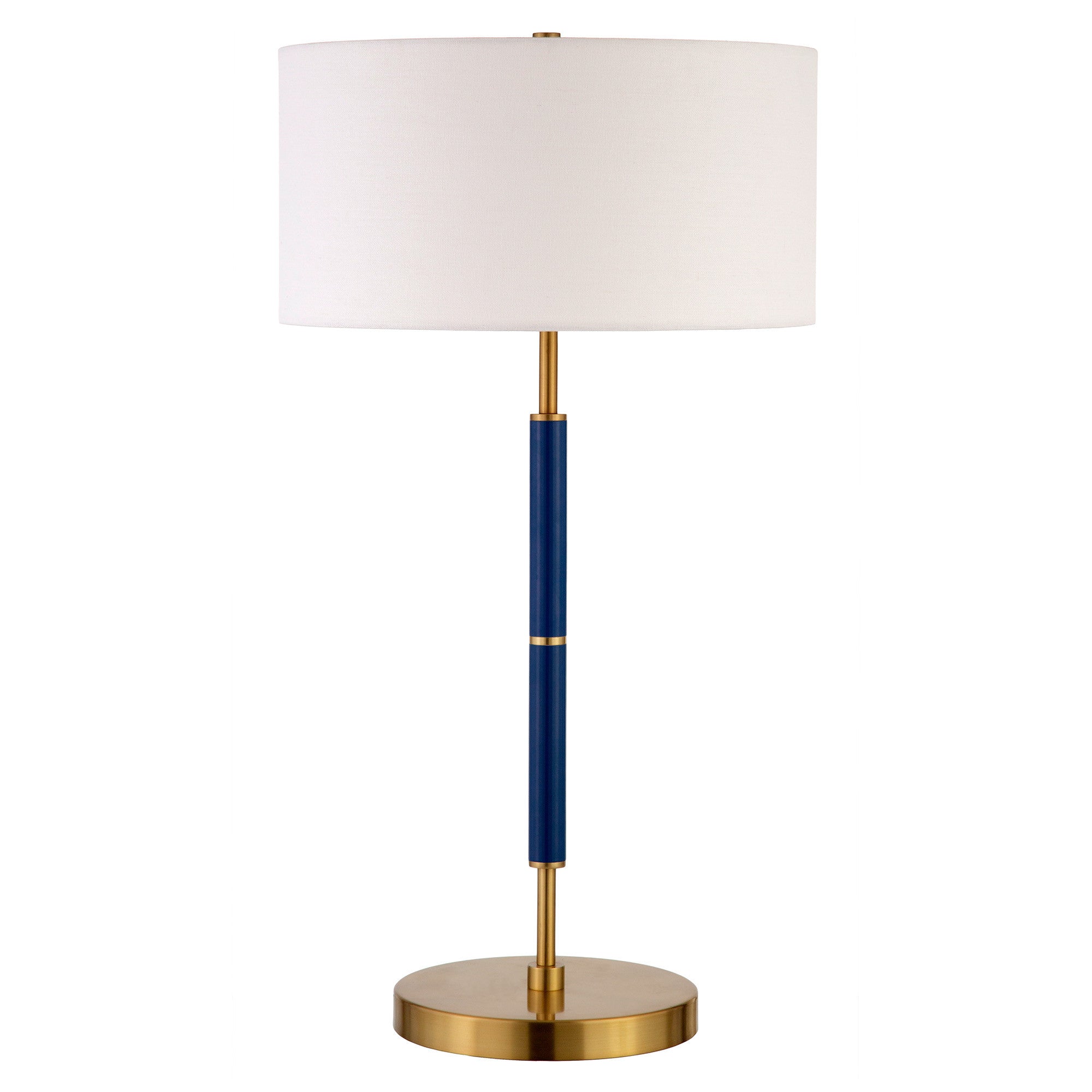 25" Blue and Gold Metal Two Light Table Lamp With White Drum Shade