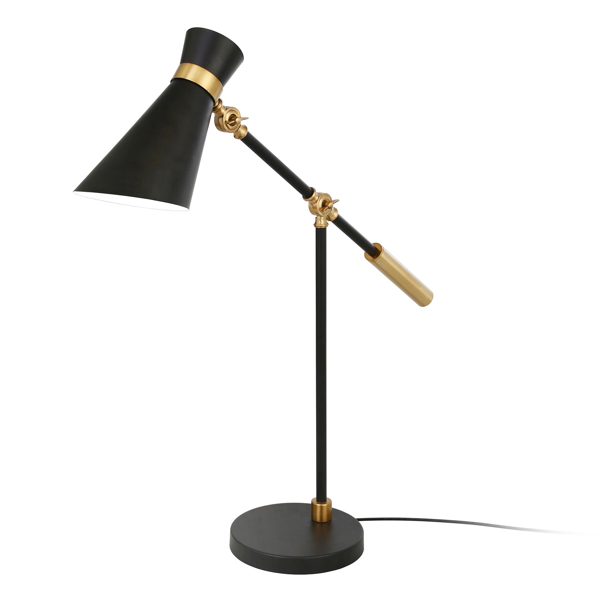 30" Black and Gold Metal Desk Table Lamp With Black Cone Shade