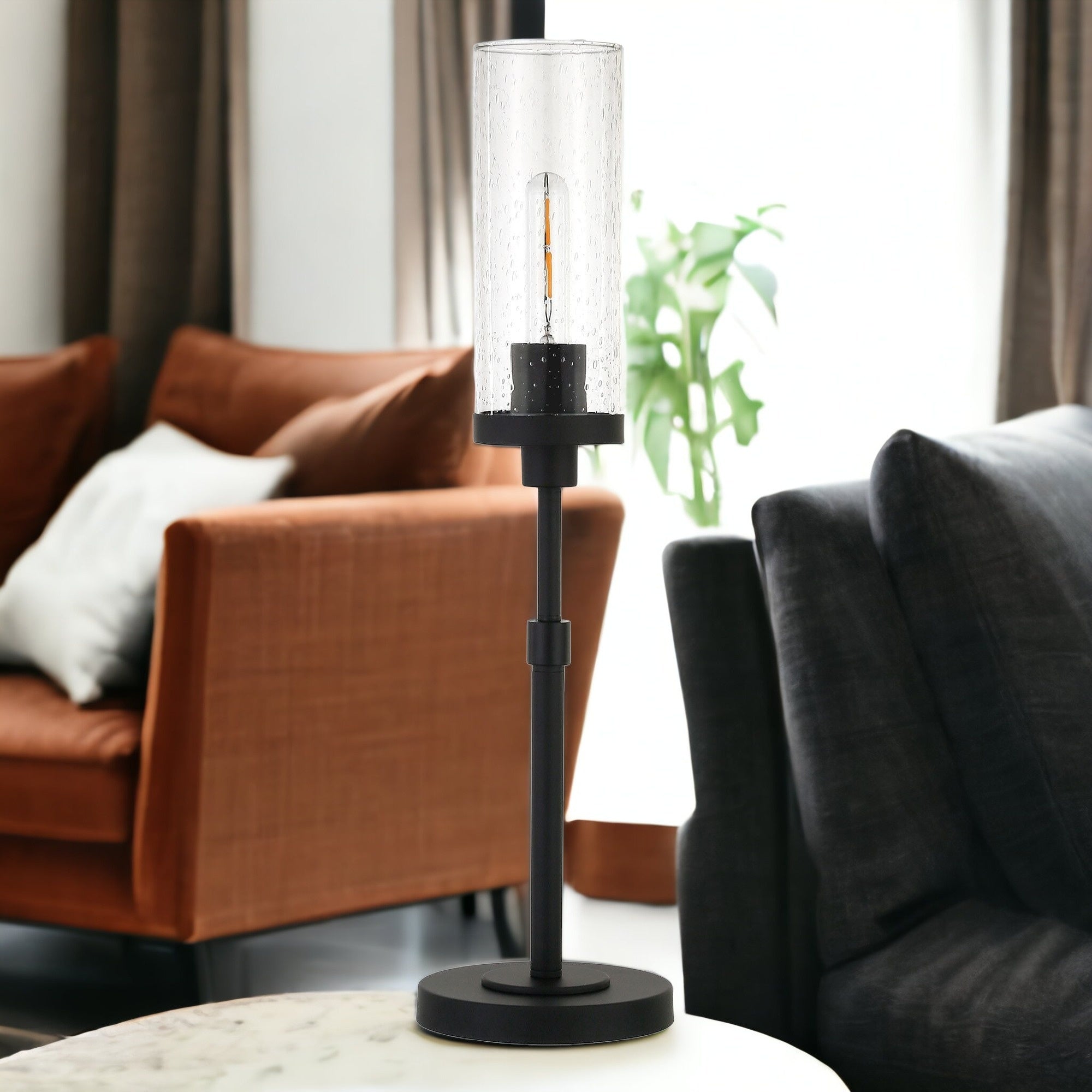 26" Black Metal Table Lamp With Clear Seeded Cylinder Shade