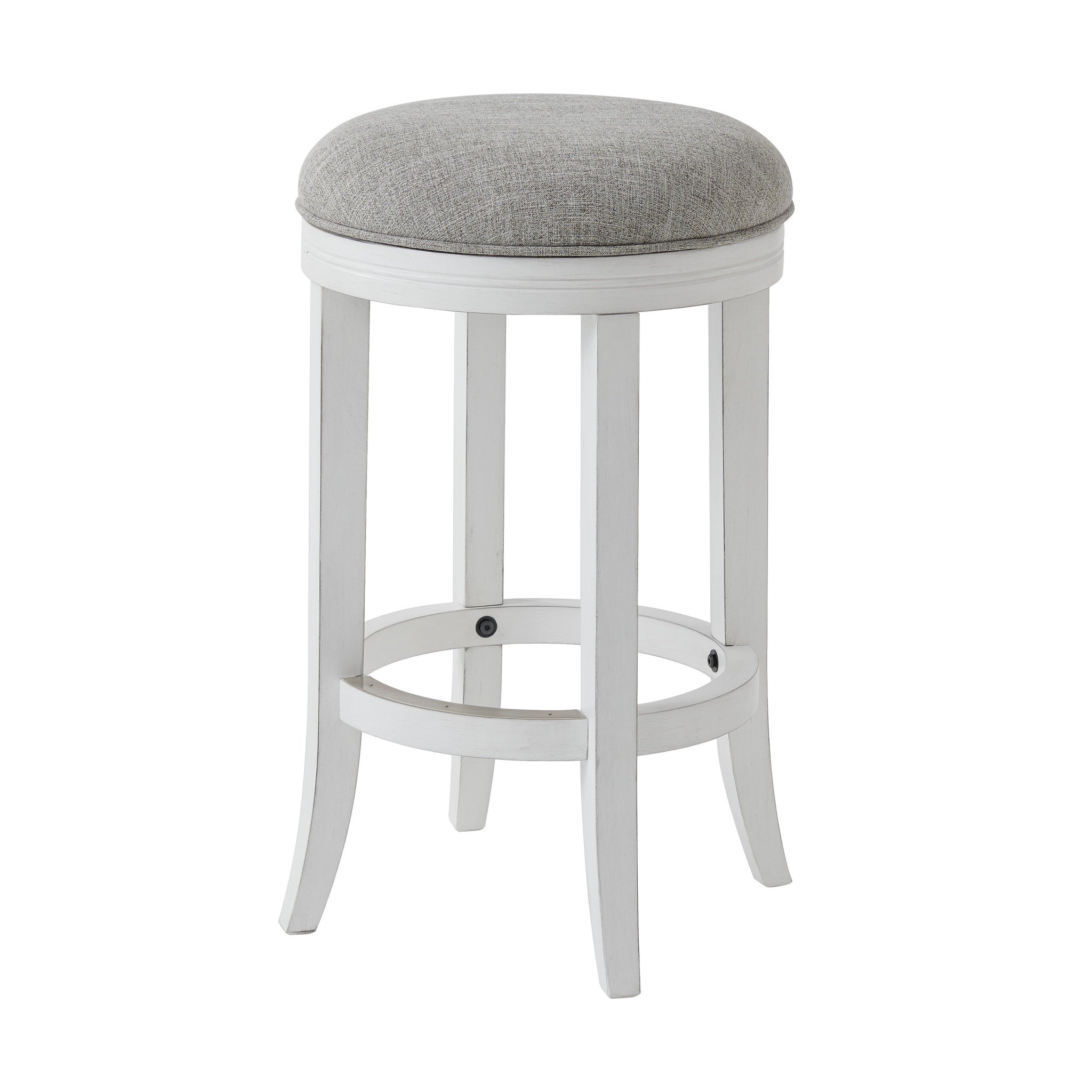 25" Gray And Antiqued White Linen And Solid Wood Backless Counter Height Swivel Bar Chair