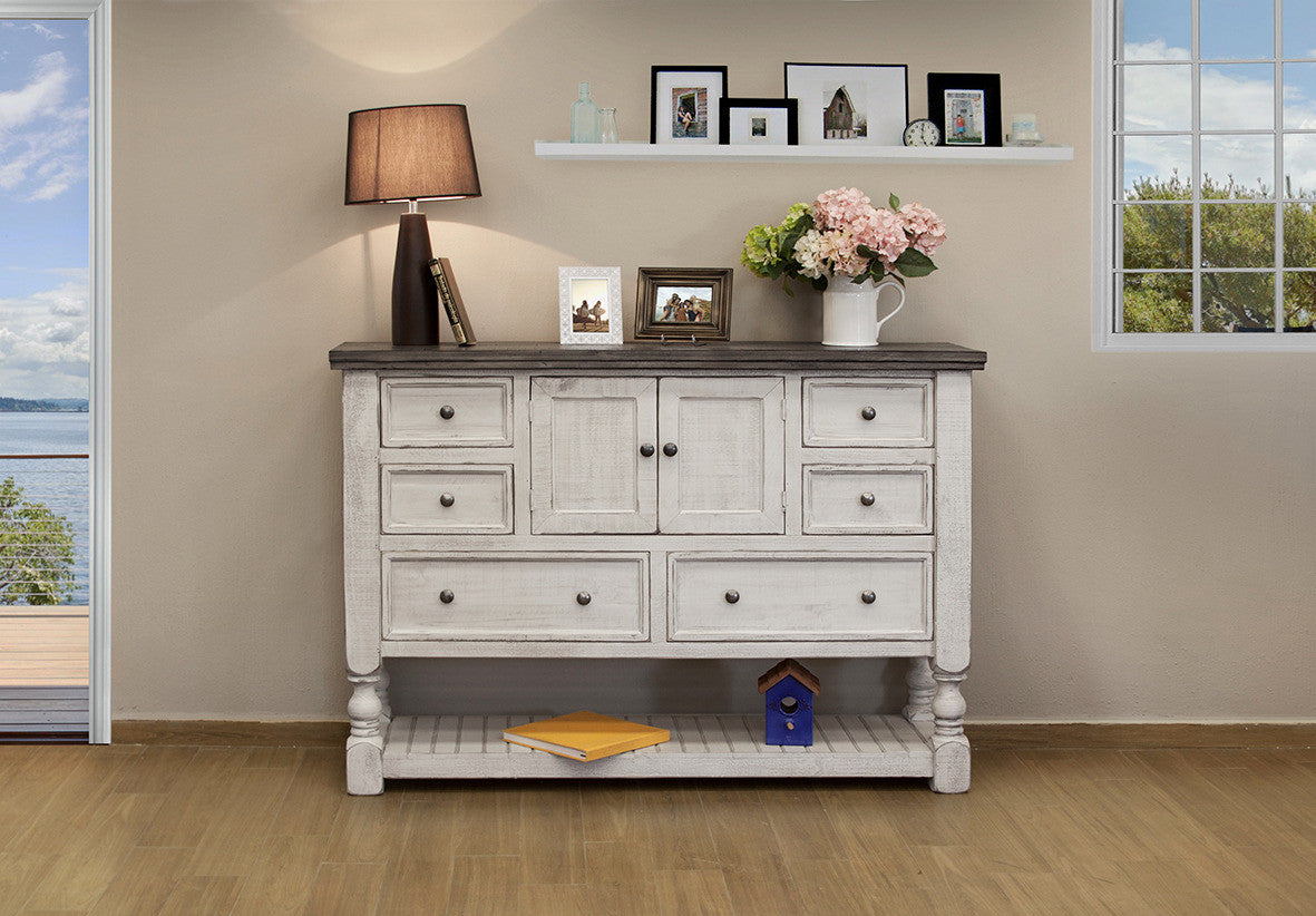 62" Gray and Ivory Solid Wood Six Drawer Triple Dresser