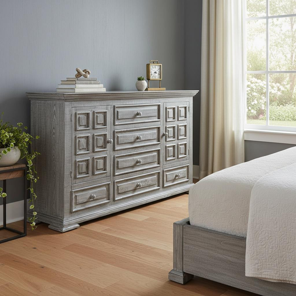 69" Gray Solid Wood Six Drawer Triple Dresser