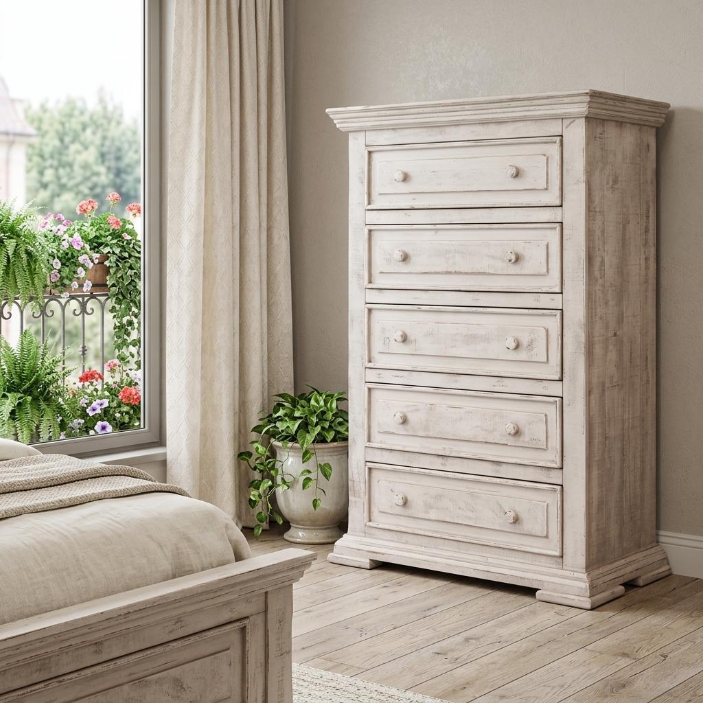 37" White Solid Wood Five Drawer Dresser