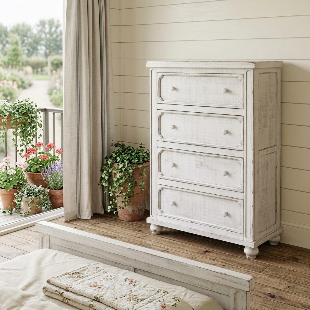 37" Antiqued White Solid Wood Four Drawer Dresser