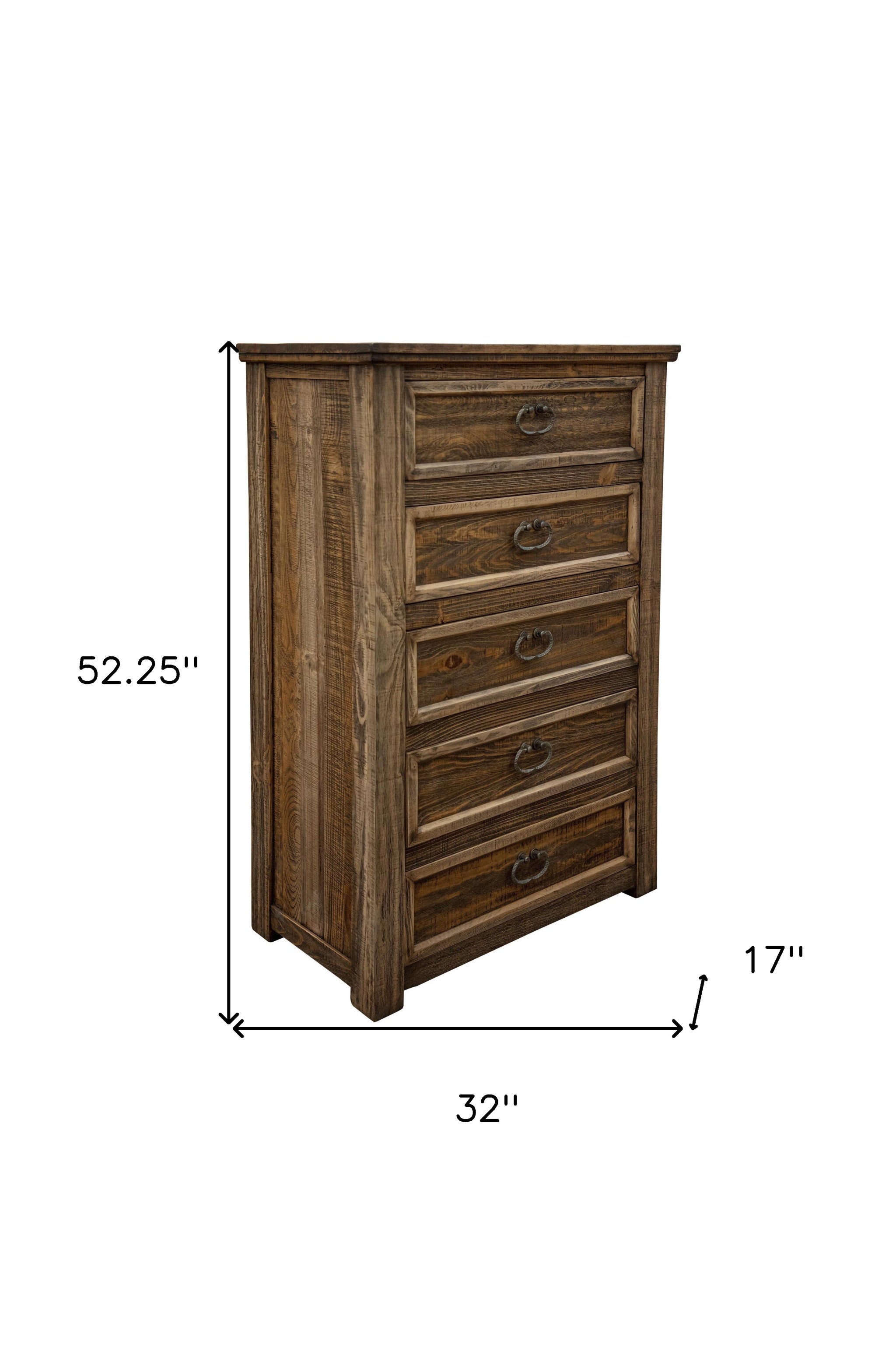 32" Brown Solid Wood Five Drawer Chest