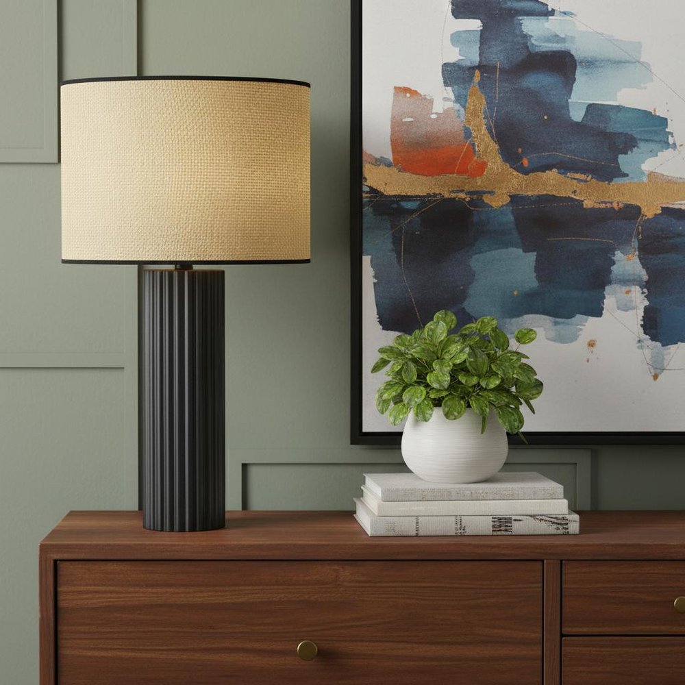 29" Black Ceramic Cylinder Table Lamp With Beige Drum Shade