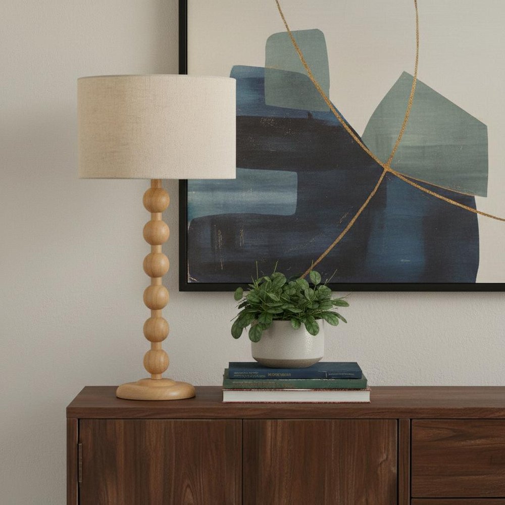 28" Brown Solid Wood Candlestick Table Lamp With Off White Drum Shade