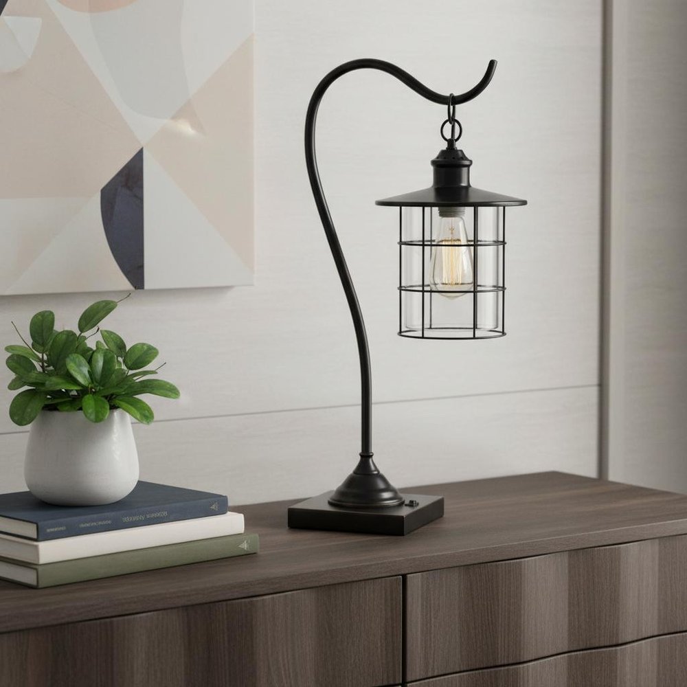 25" Bronze Metal Lantern Style Desk Lamp With Edison Bulb