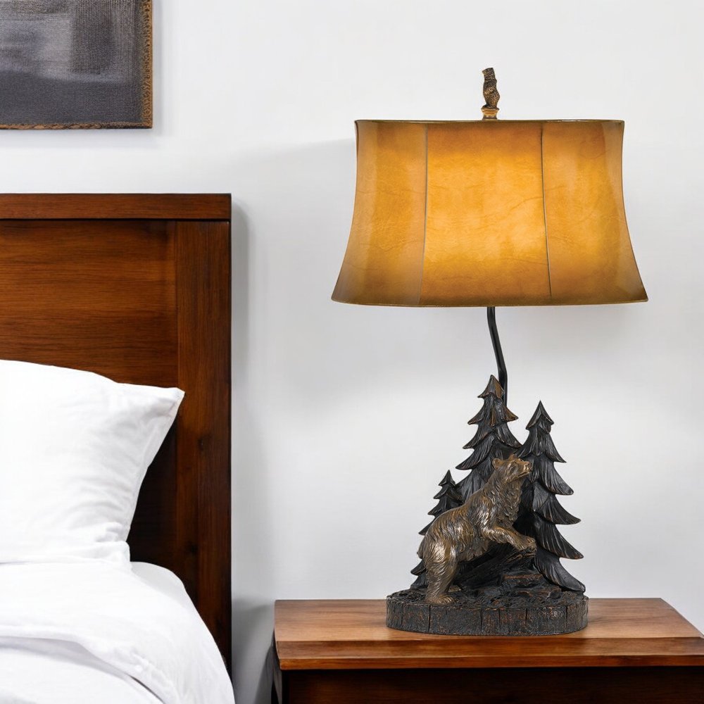 29" Antiqued Bronze Novelty Table Lamp With Brown Bell Shade