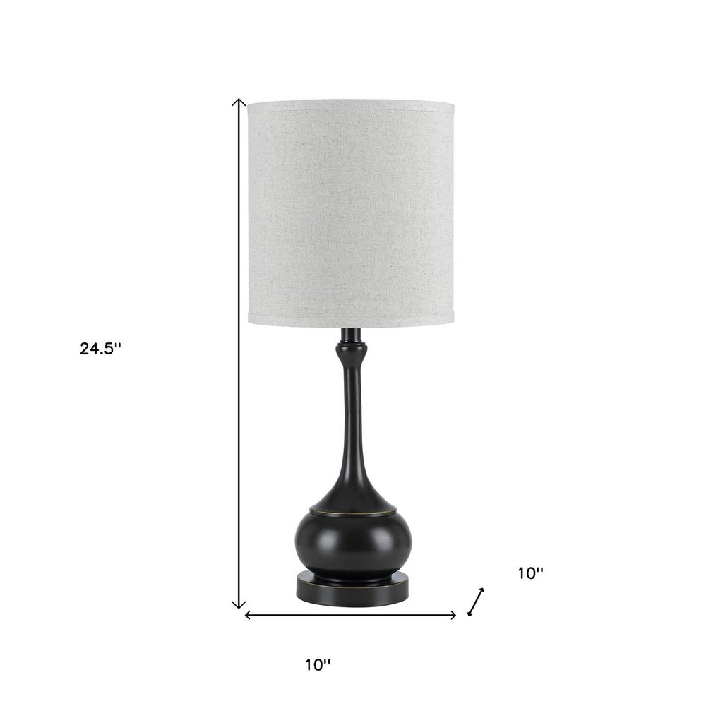 25" Blackened Bronze Metal Round Table Lamp With Off White Drum Shade