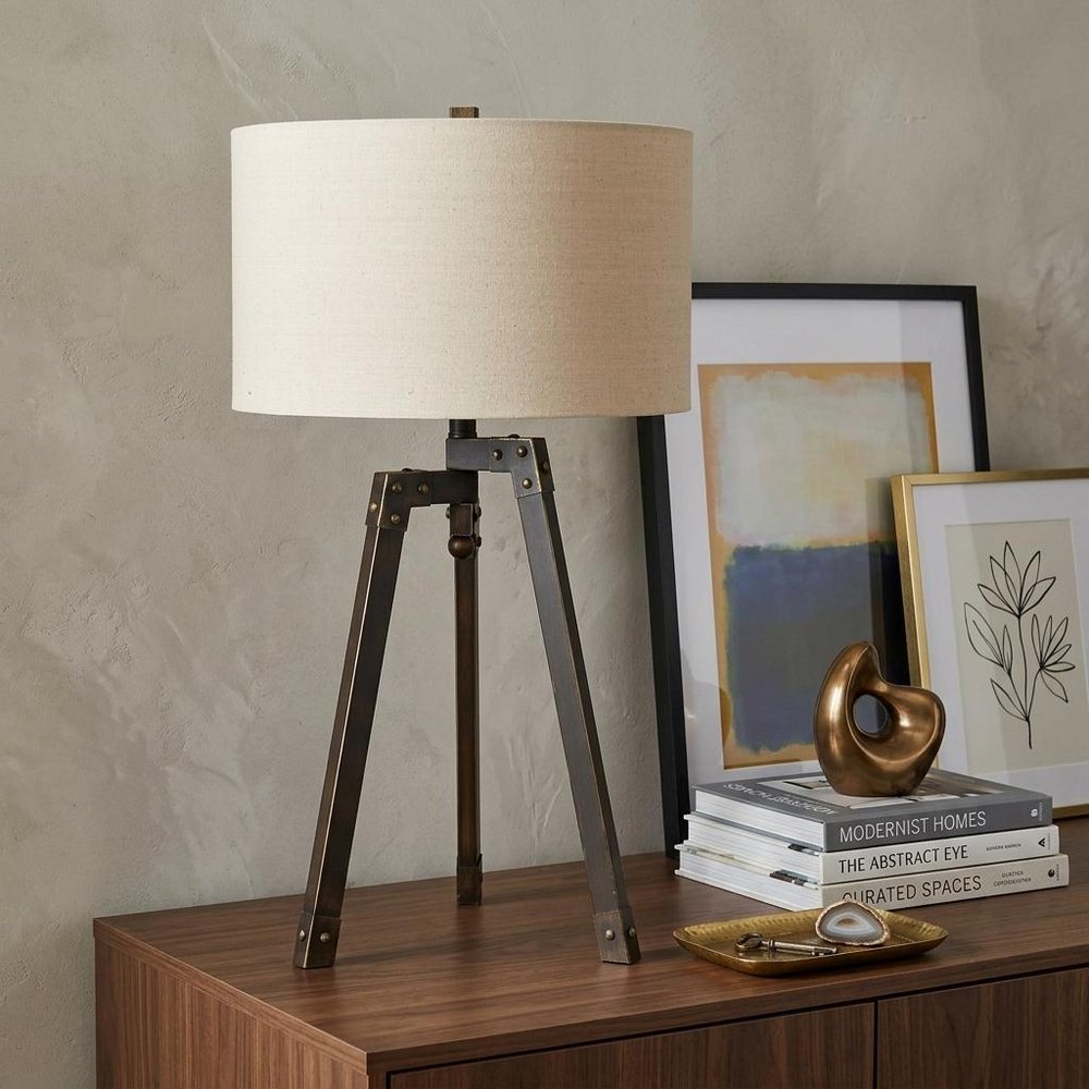 32" Charcoal Metal Tripod Table Lamp With Tan Drum Shade
