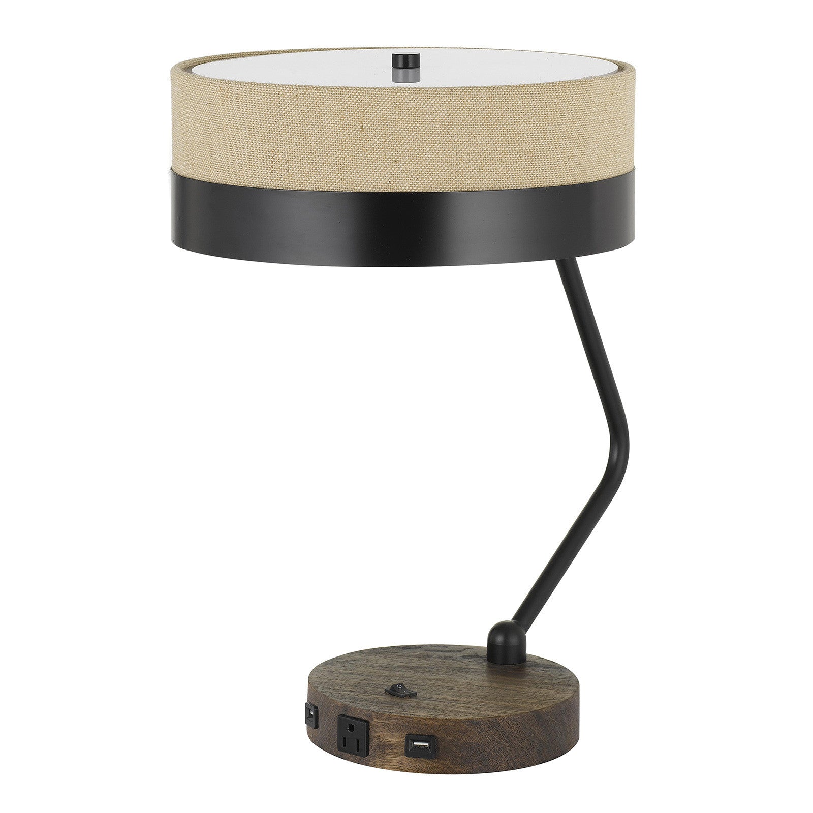 20" Black And Brown Wood And Metal Two Light USB Table Lamp With Beige And Black Shade