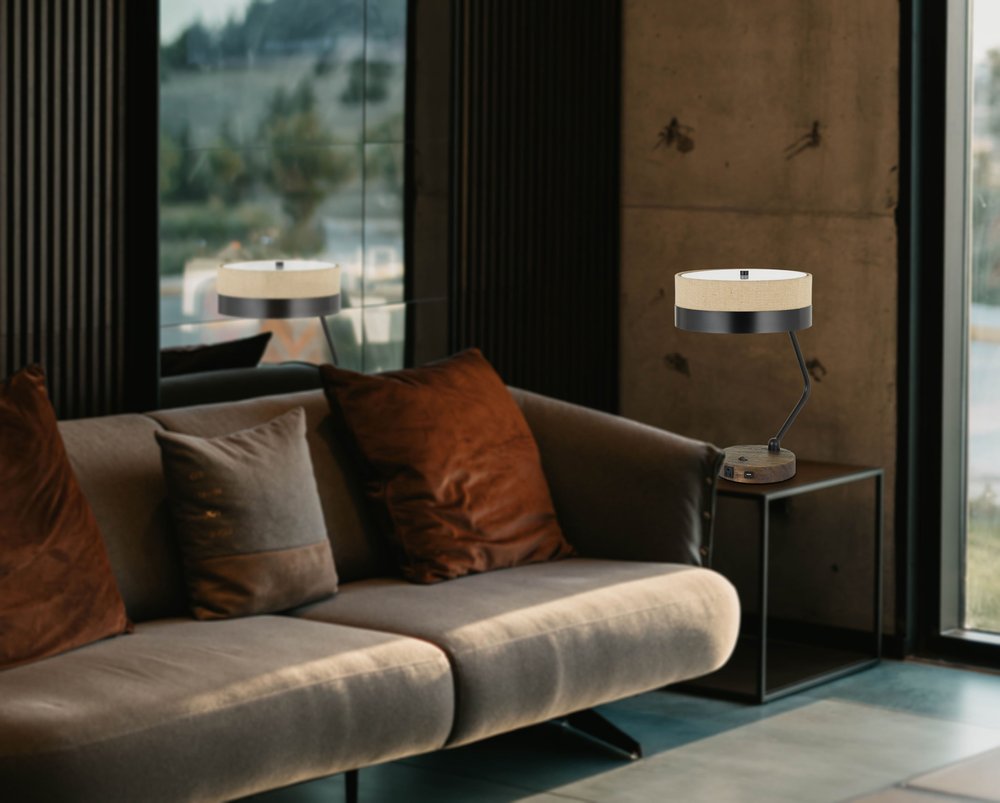 20" Black And Brown Wood And Metal Two Light USB Table Lamp With Beige And Black Shade