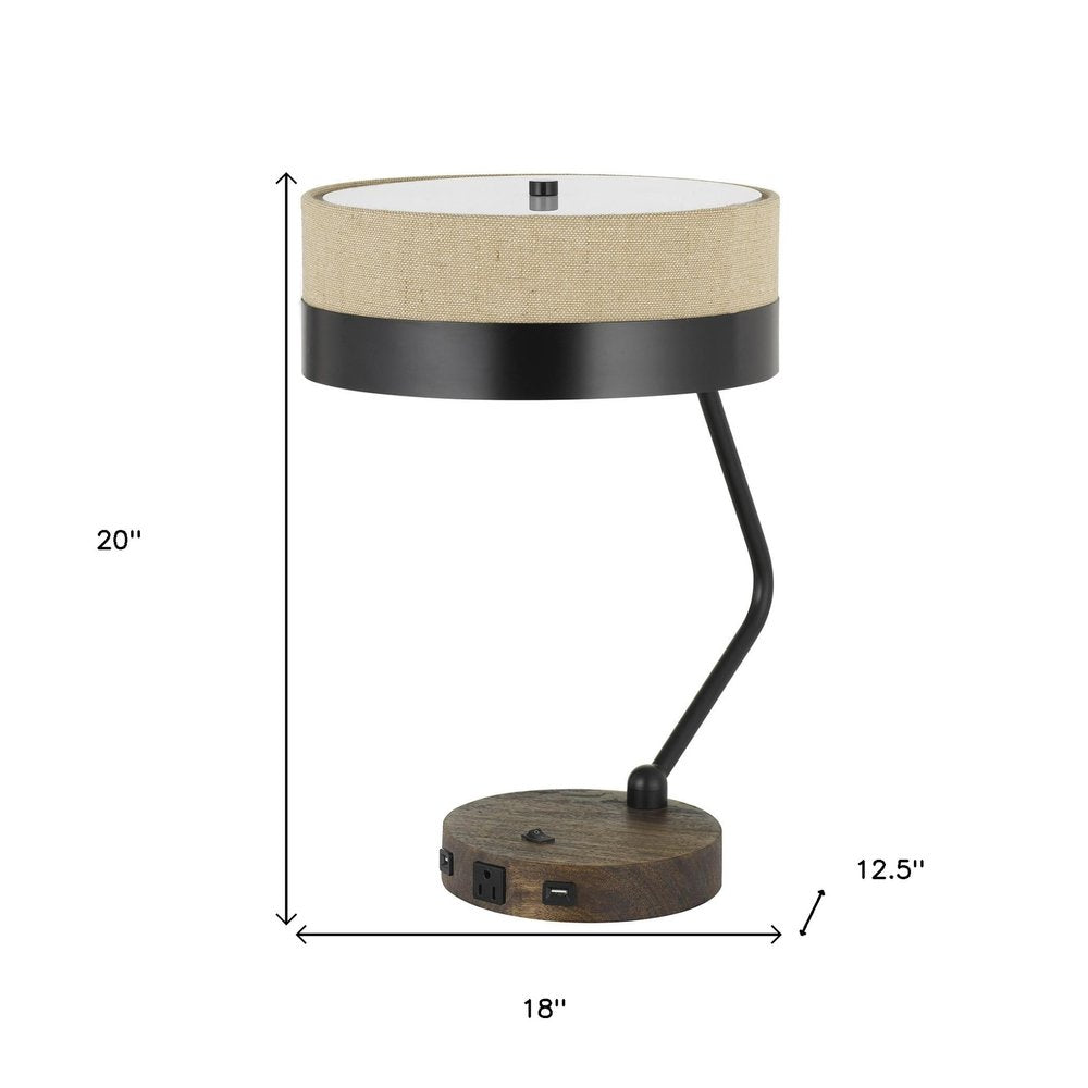 20" Black And Brown Wood And Metal Two Light USB Table Lamp With Beige And Black Shade