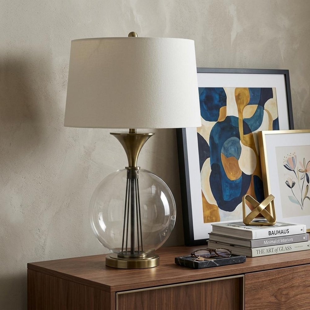 31" Bronze Metal Globe Table Lamp With White Empire Shade