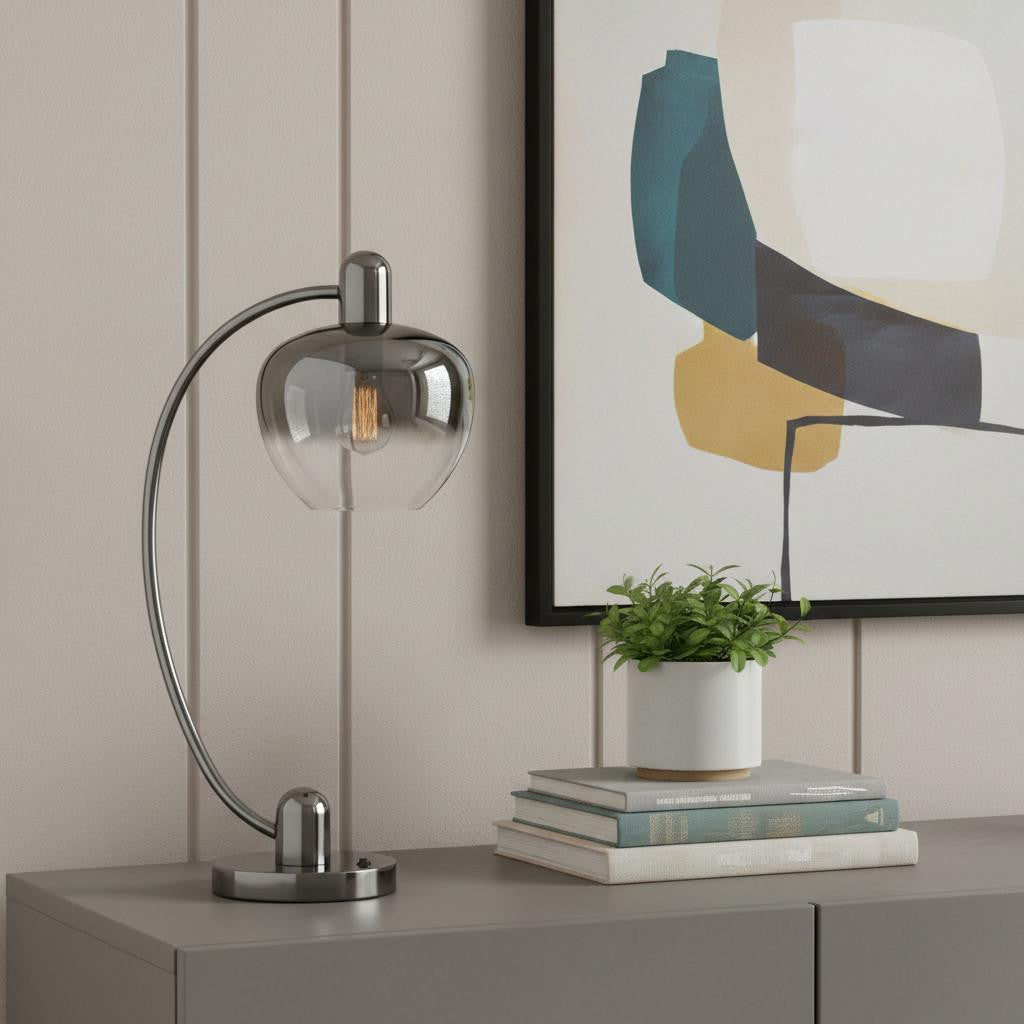 27" Gunmetal Metal Table Lamp With Silver Metallic Globe Shade