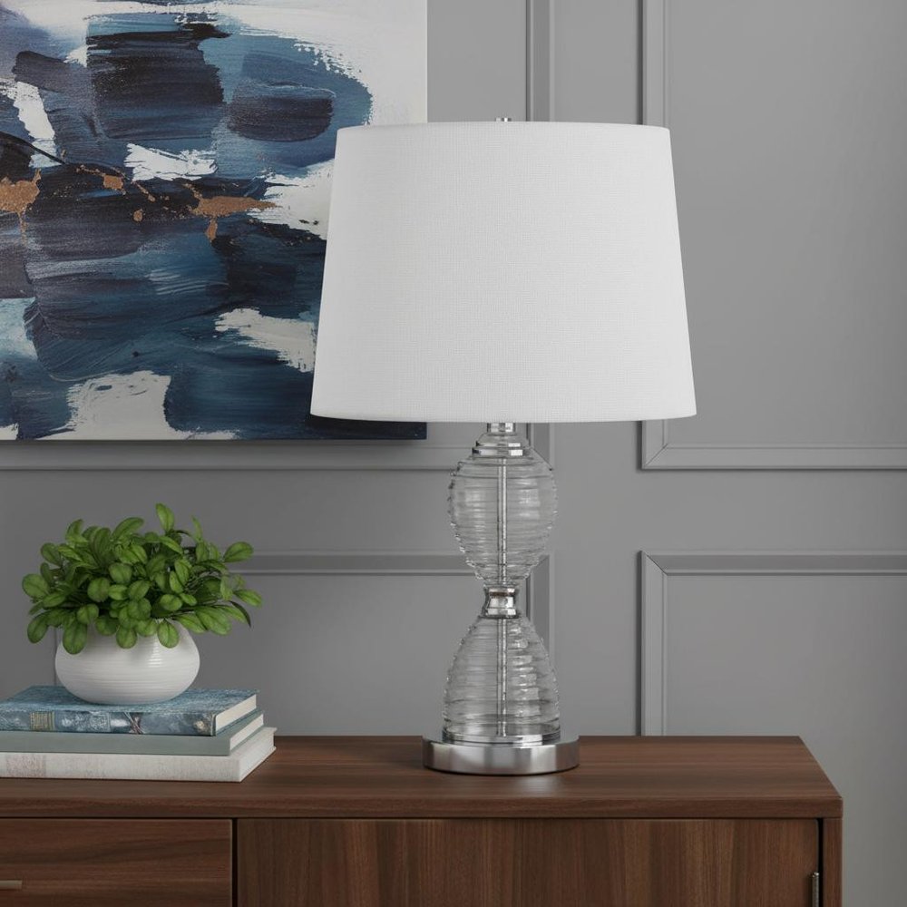 24" Clear Metal Table Lamp With White Empire Shade