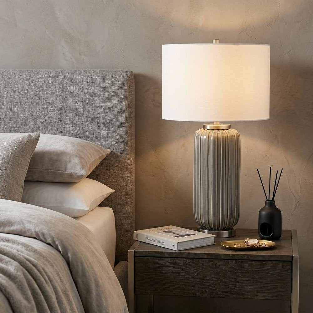 29" Gray Metal Cylinder Table Lamp With White Drum Shade