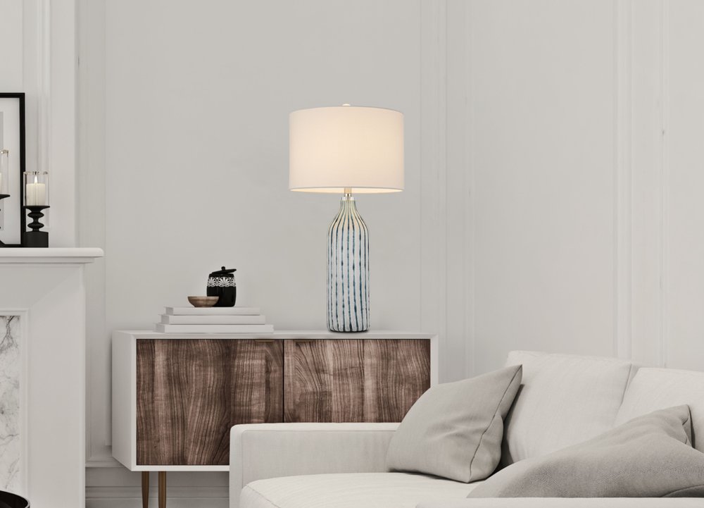 30" Gray And Aqua Glass Table Lamp With White Drum Shade