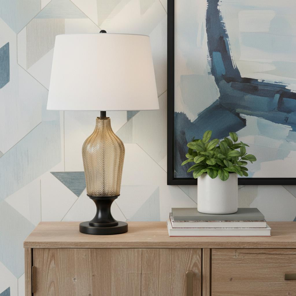 31" Bronze Glass Table Lamp With White Empire Shade