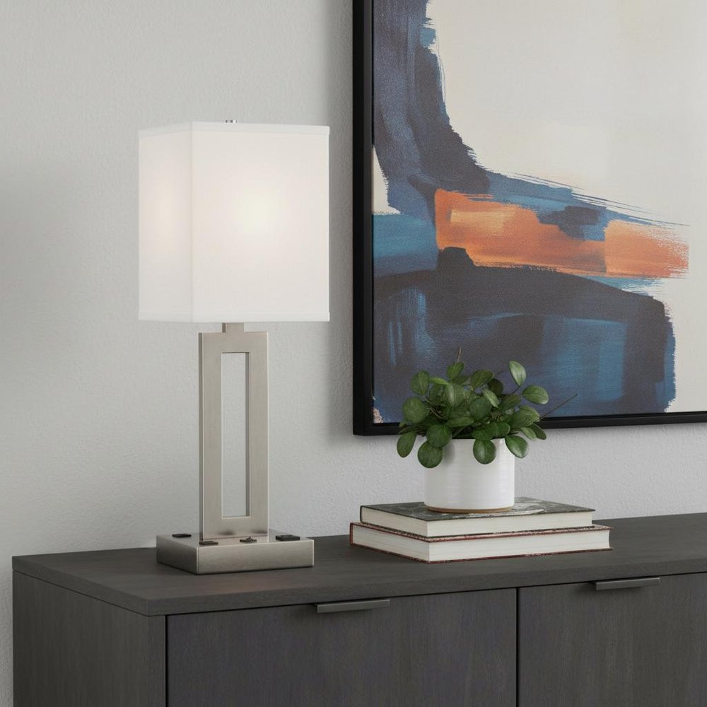 24" Nickel Metal Desk Usb Table Lamp With White Drum Shade