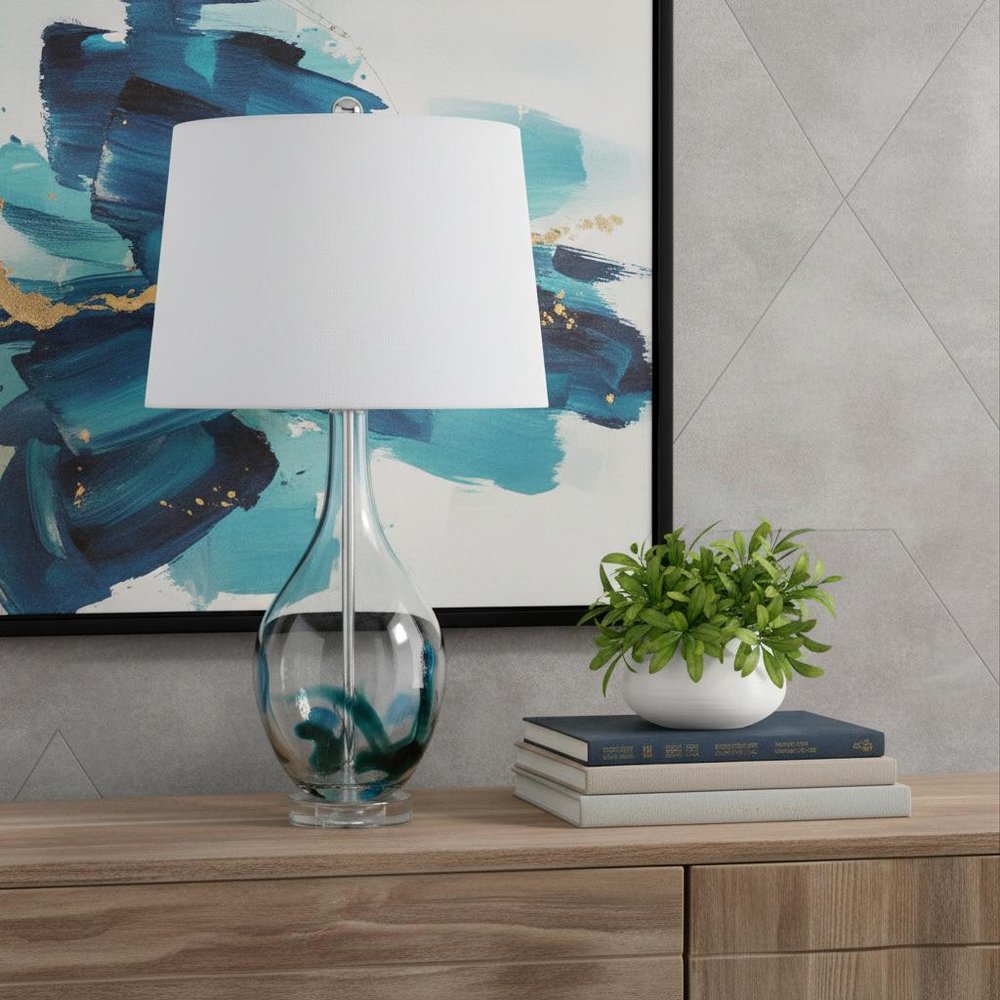 27" Clear Glass Table Lamp With White Empire Shade