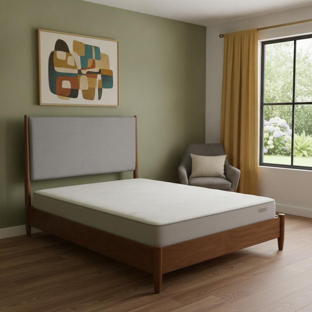 Brown and Gray Solid Wood And Linen King Bed Frame