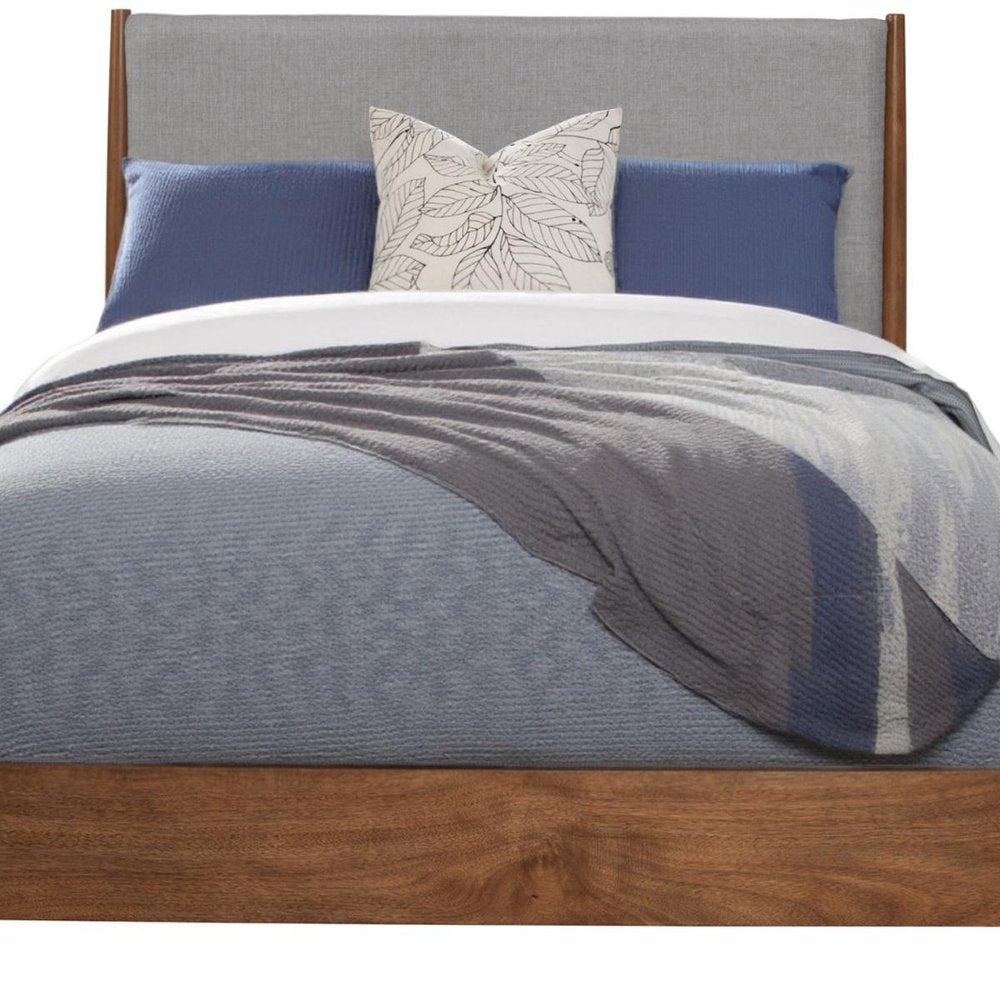 Brown and Gray Solid Wood And Linen King Bed Frame