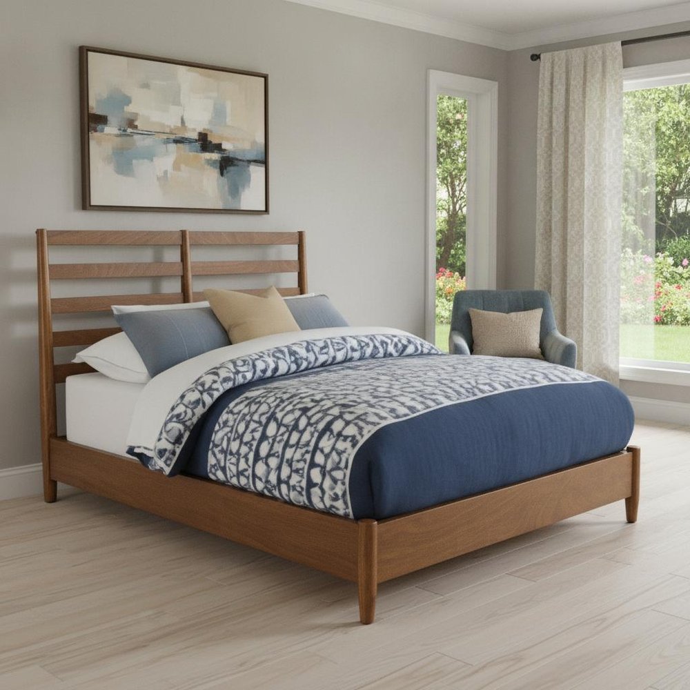 Brown Slat Back Solid Wood Queen Bed Frame