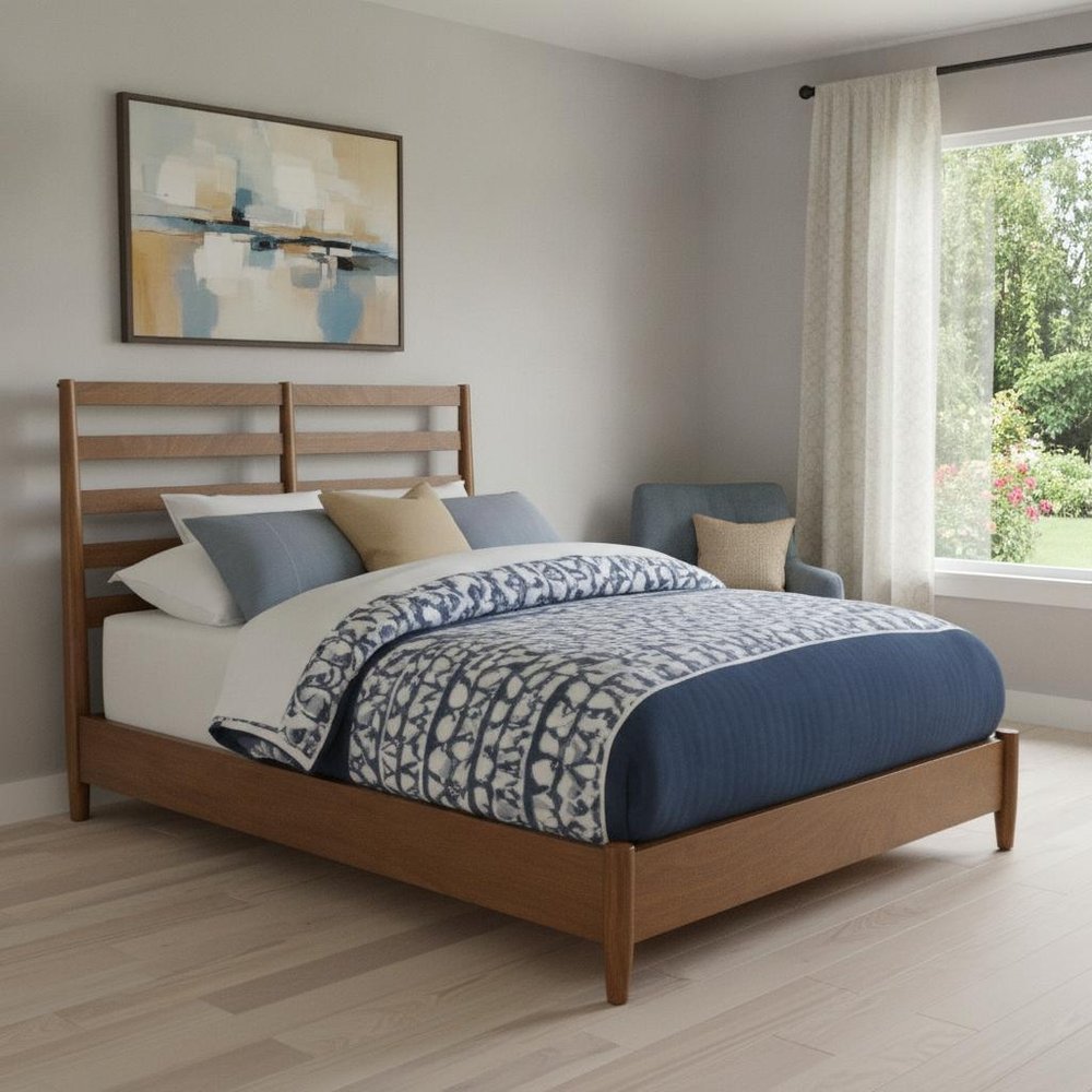 Brown Slat Back Solid Wood California King Bed Frame