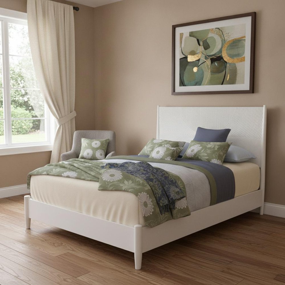 White Carved Geometric Solid Wood King Bed Frame