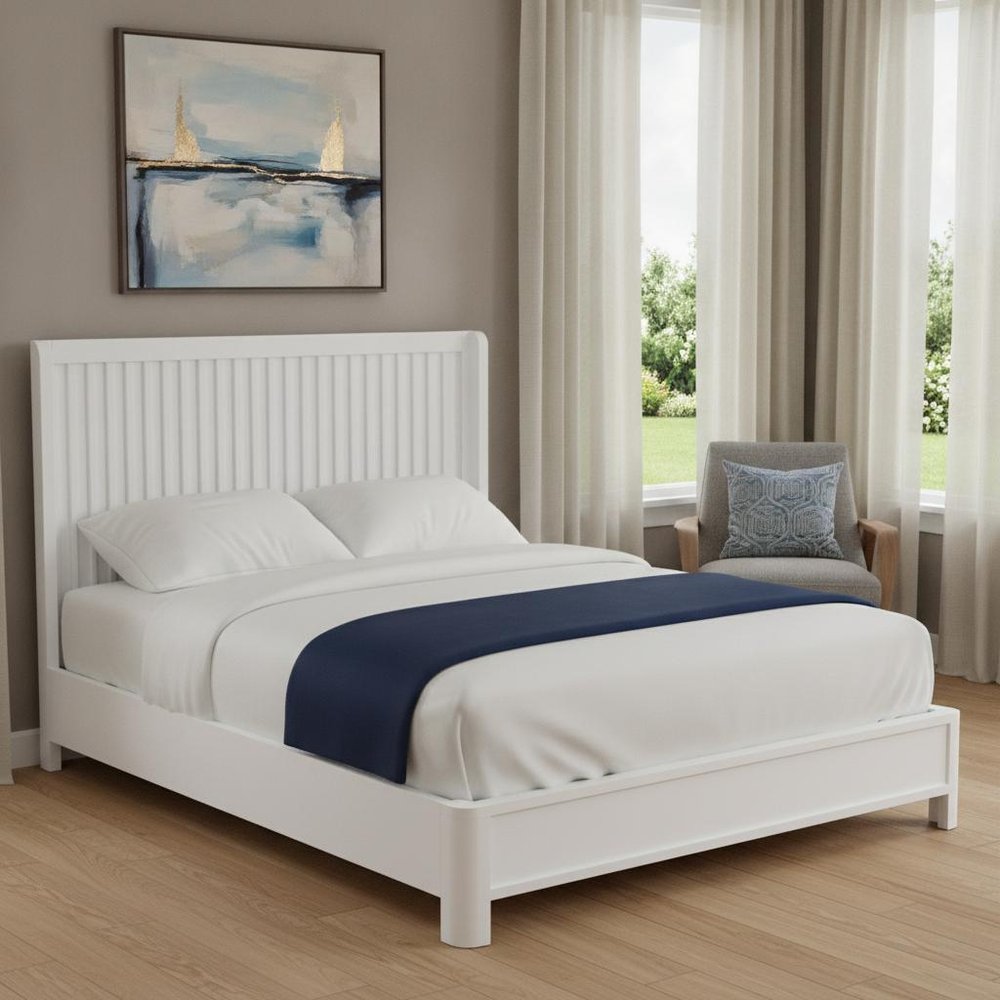 White Ribbed Texture Solid Wood King Bed Frame